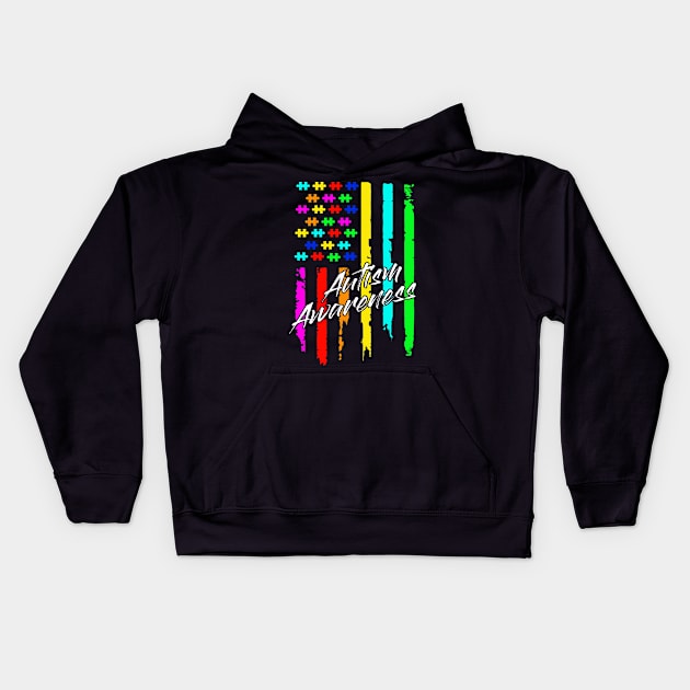 Autism Awareness Vintage Amercian Flag Gift Kids Hoodie by Lones Eiless